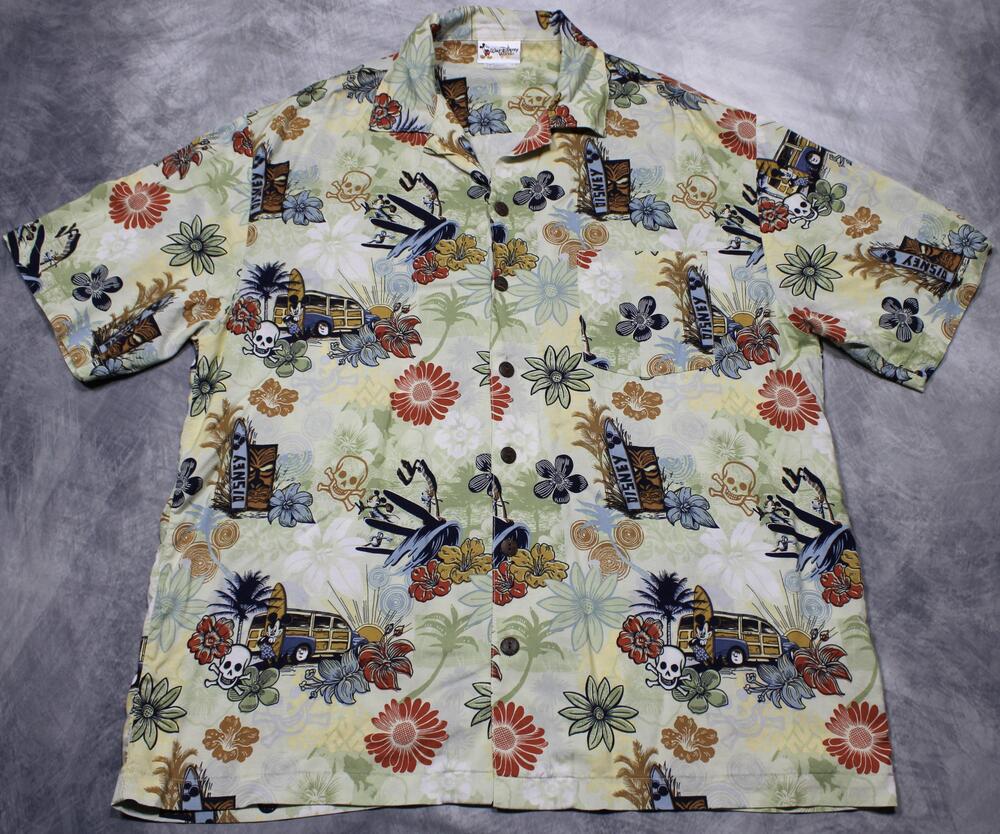 Disney Shirt Mens Large Multicolor Mickey Hawaiian Skull Tiki Aloha Tropical